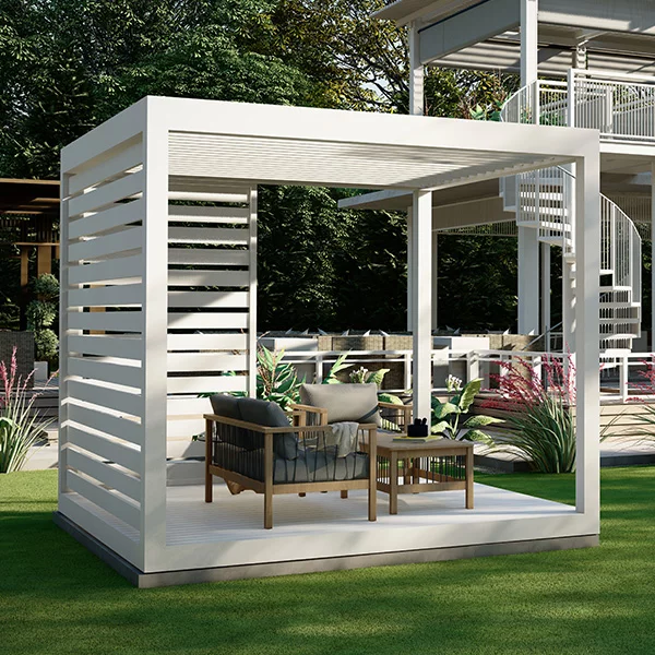 Manual louvered pergola K-Bana with the integrated floor option in a backyard - Azenco Outdoor