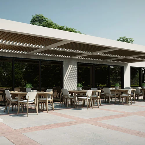 New patented fixed louvered pergola R-Breeze for a restaurant terrace in Texas - Azenco Outdoor