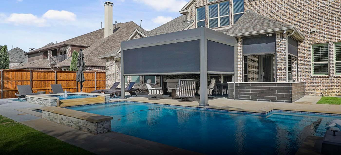 Highlighted pergola project in Texas - R-Blade pergola for a residential backyarsd in Texas - Azenco Outdoor